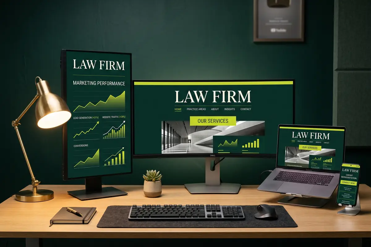 Monitors, laptop and phone displaying a law firm's website and marketing analytics side by side