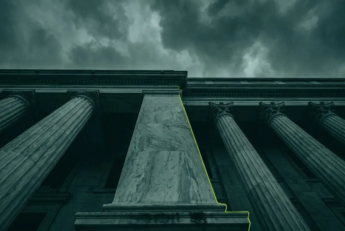 Courthouse columns in deep green light
