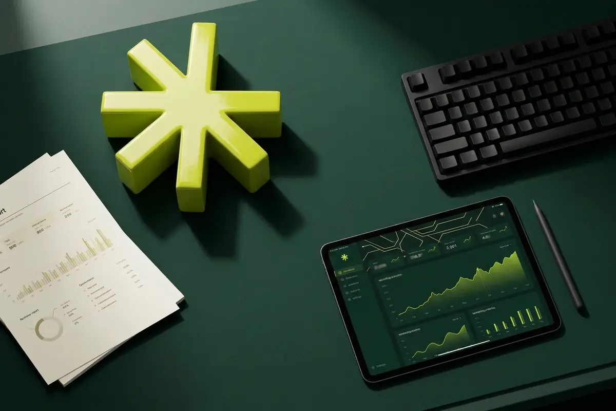 Top-down still-life: the lime Lawthentics asterisk beside a keyboard and a tablet running a marketing analytics dashboard