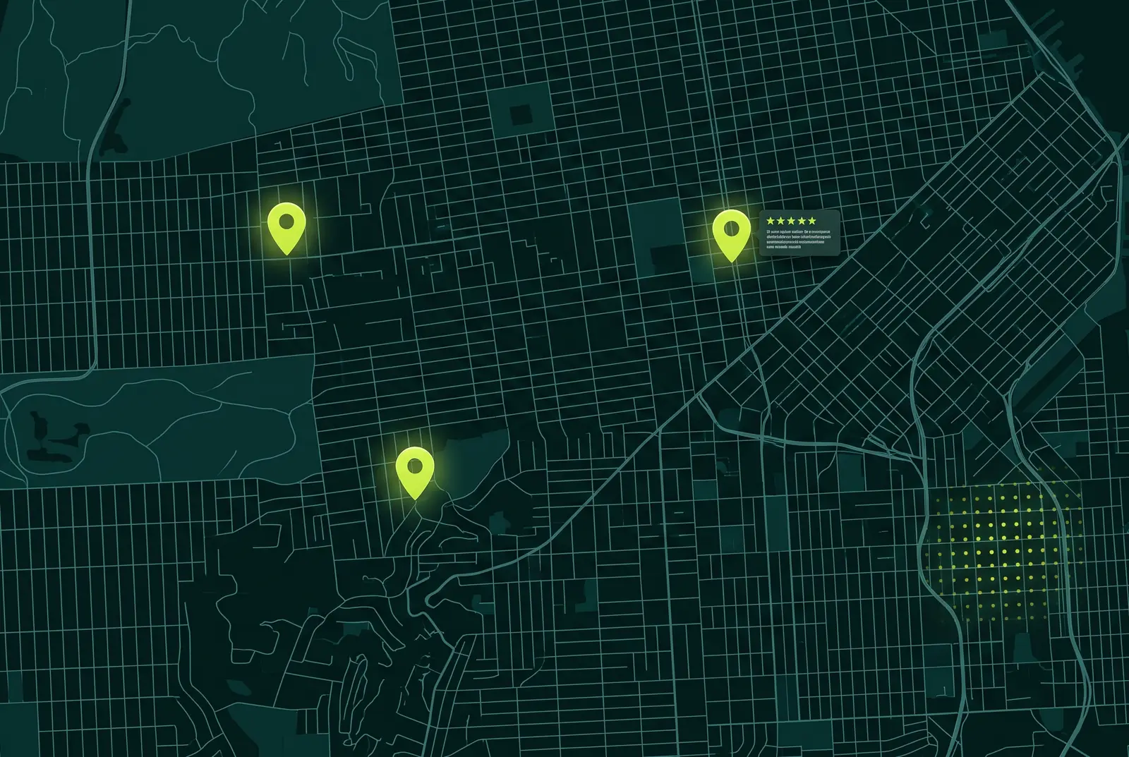 Dark digital city map with glowing lime location pins and a geo-grid rank-tracking overlay