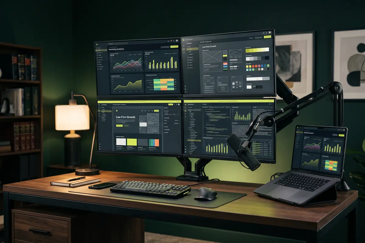Four-monitor studio workstation with a laptop alongside, running law-firm marketing dashboards, analytics graphs and AI tooling